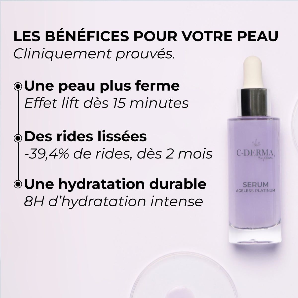 Les bénéfices pour votre peau, cliniquement prouvés : une peau plus ferme, effet lift dès 15 minutes ; des rides lissées, -39,4 % de rides, dès 2 mois ; une hydratation durable, 8H d’hydratation intense.
