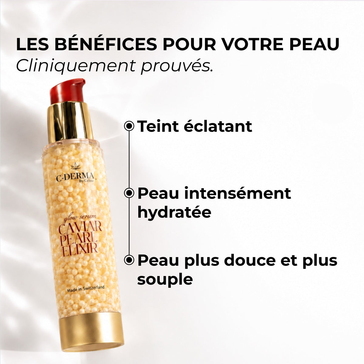 Les bénéfices pour votre peau, cliniquement prouvés : teint éclatant, peau intensément hydratée, peau plus douce et plus souple.
